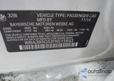 2015 BMW 328 Xi Sulev из США, поврежденный, VIN WBA3B5G53FNS15693